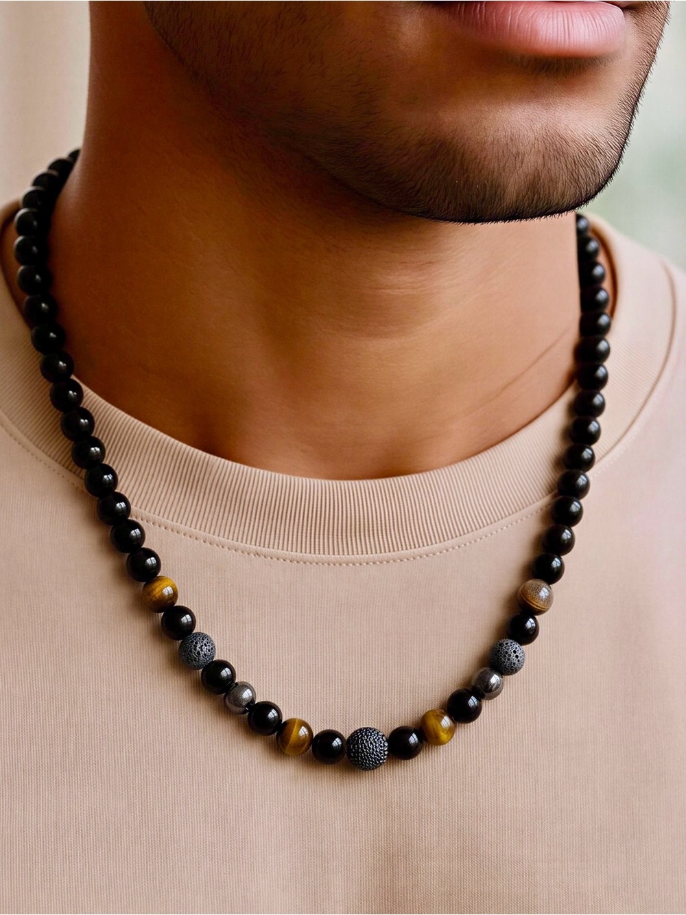 Men's Black and Brown Beaded Necklace - Stylish Grooming Accessory